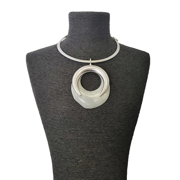 Handmade Silver Half Moon Enamel Pendant Egyptian Collar Statement Necklace - Picture 1 of 6